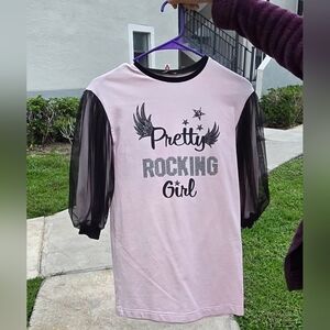 Pretty Rocking Girl Pink Tee with Black Mesh Sleeves